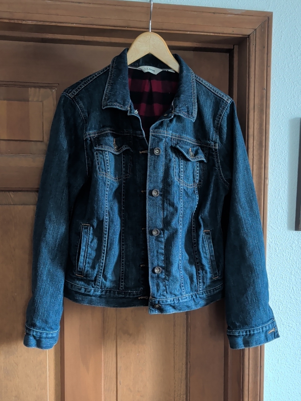 L.L. Bean Dark Blue Denim Jacket with Red Plaid Lining